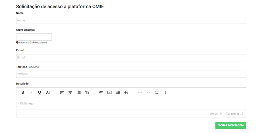 Formulário de solicitação de acesso à plataforma OMIE